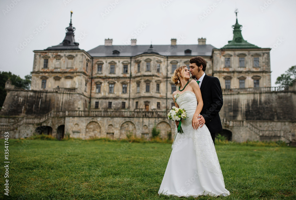 Loving wedding couple at their happy wedding day background old Loving wedding couple at their happy wedding day background old