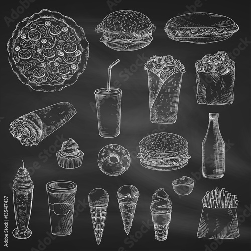 Fast food chalk sketch vector icons on blackboard