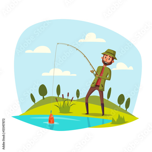 Man fishing with rod, catching vector fish on hook