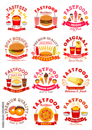 Fast Food meal set vector isolated icons, emblems