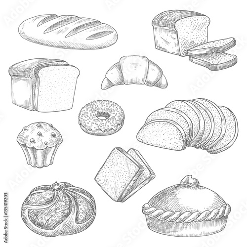 Bakery bread, pastry sketch isolated vector icons