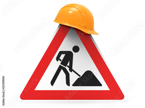 Baustelle, Baustellenschild mit Sicherheitshelm, isoliert auf weiß 3D Rendering