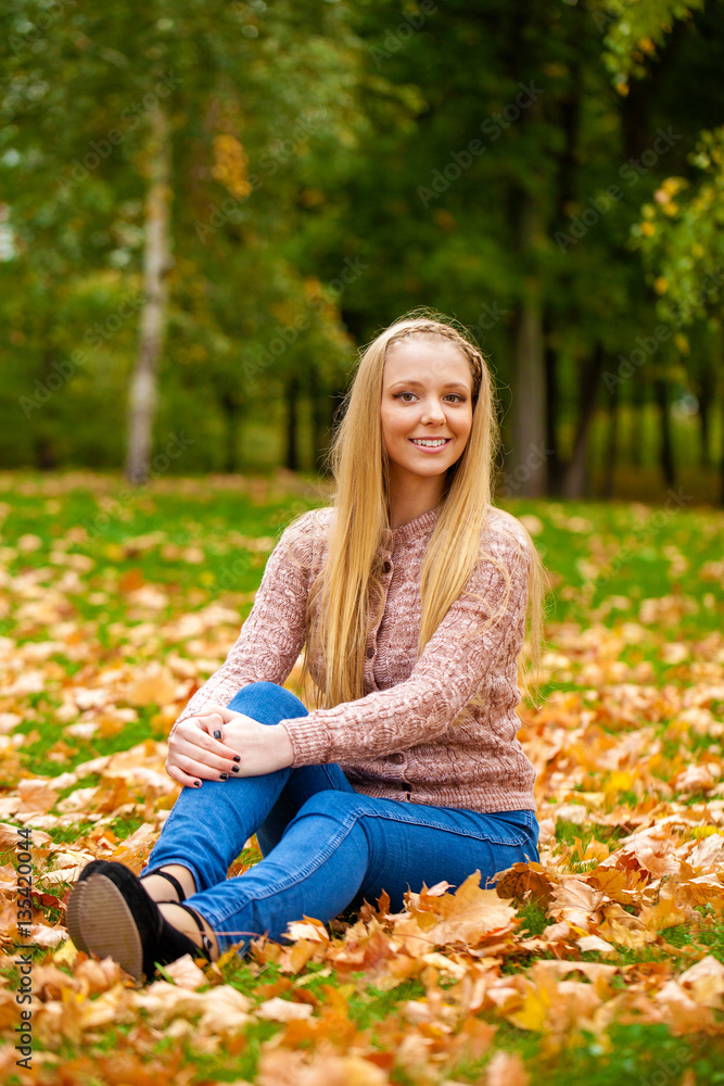 Full length, walking happy blonde woman