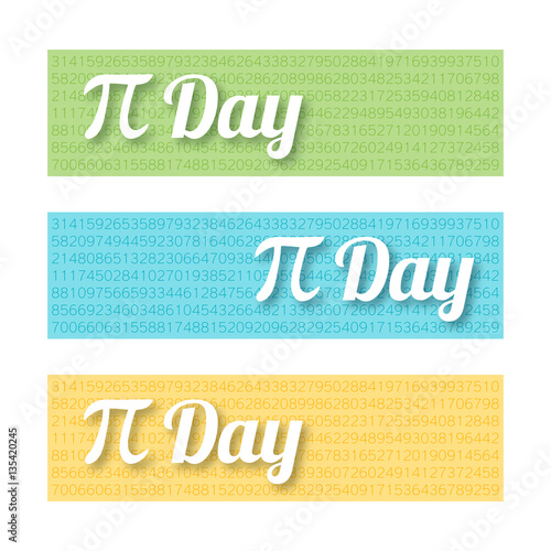 Set of colorful horizontal banners for Pi Day. Mathematical constant, irrational complex number, greek letter. Abstract digital illustration for March 14th. Modern creative template for web design