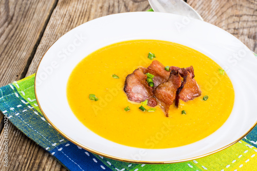 Pumpkin puree soup with bacon