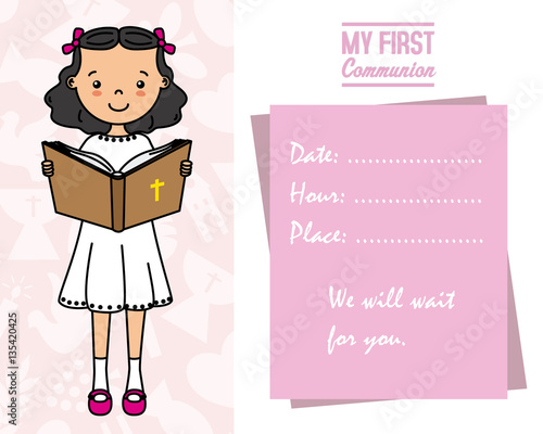 my first communion card. Girl reading the bible