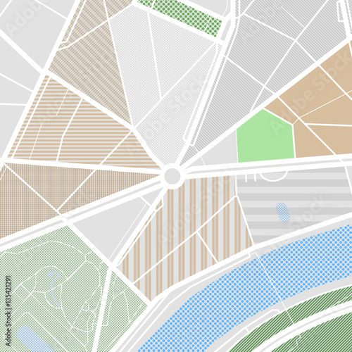 Map of the city with streets, parks and pond. Flat design abstract vector illustration.