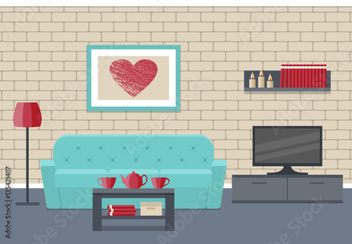 Living room Interior. Flat vector background. Home design lounge with furniture couch, coffee table, TV, picture and brick wall. 