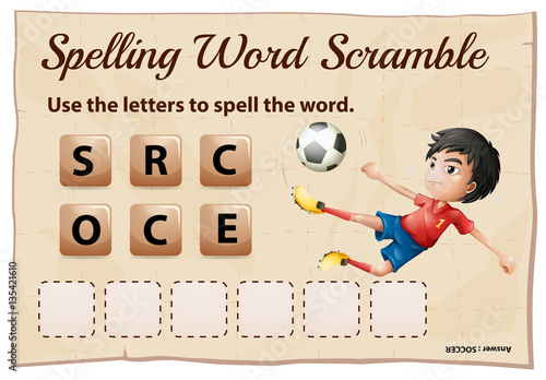 Spelling word scramble game template with word soccer