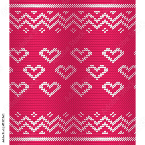 Knitted pattern with hearts. Seamless abstract background. Vector knitting texture. Flat design.