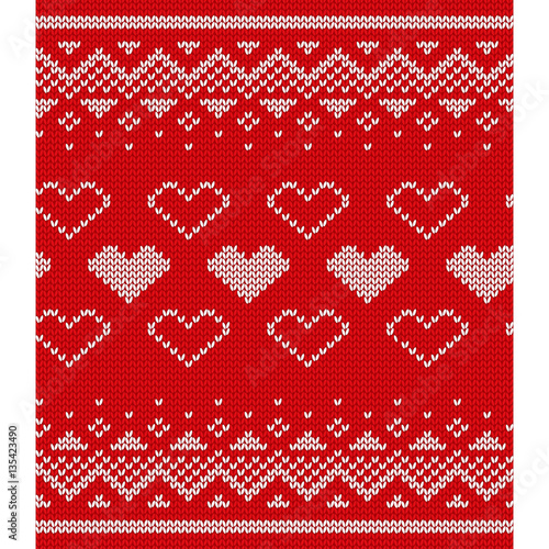 Knitted pattern with hearts. Seamless red Valentine Day background. Vector knitting texture. Flat design.