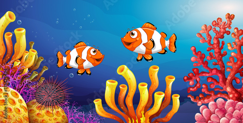 Underwater scene with clownfish and sea urchin