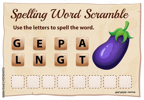 Spelling word scramble game template with word eggplant