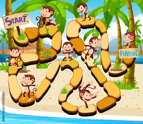 Game template with monkeys on beach in background
