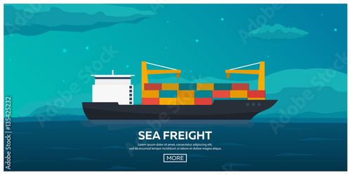Sea transportation logistic. Sea Freight. Maritime shipping. Merchant Marine. Cargo ship. Vector flat illustration.