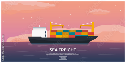 Sea transportation logistic. Sea Freight. Maritime shipping. Merchant Marine. Cargo ship. Vector flat illustration.