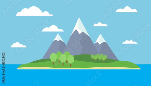 Cartoon landscape of the island with mountains, the ocean, the sky with clouds - vector illustration