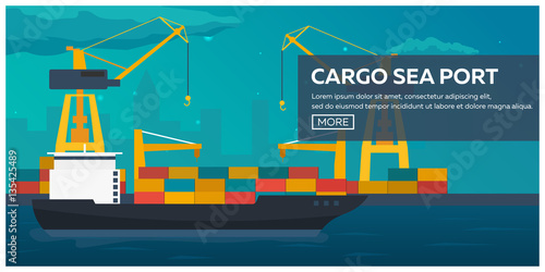 Sea transportation logistic. Sea Freight. Maritime shipping. Merchant Marine. Cargo ship. Vector flat illustration.