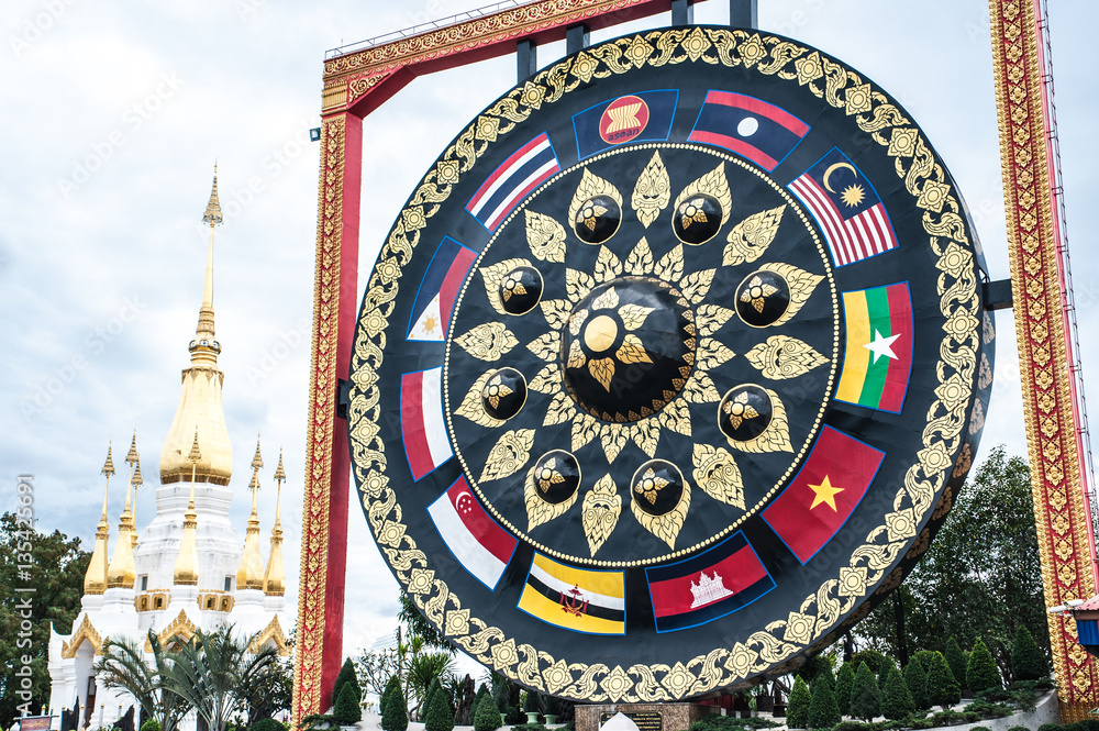 Large outdoor gong in Buddhism temple Wat Tham Khuha Sawan,Thailand.