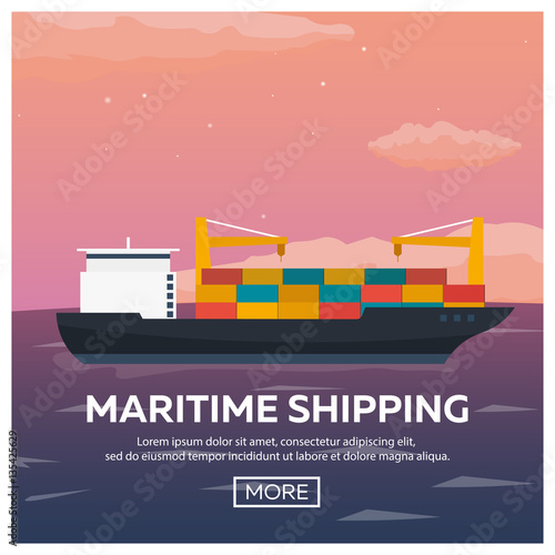 Sea transportation logistic. Sea Freight. Maritime shipping. Merchant Marine. Cargo ship. Vector flat illustration.