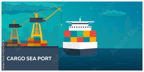 Sea transportation logistic. Sea Freight. Maritime shipping. Merchant Marine. Cargo ship. Vector flat illustration.