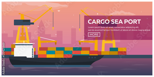 Sea transportation logistic. Sea Freight. Maritime shipping. Merchant Marine. Cargo ship. Vector flat illustration.