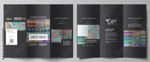 Tri-fold brochure business templates on both sides. Easy editable abstract vector layout in flat design. Bright color lines, colorful style with geometric shapes, beautiful minimalist background.