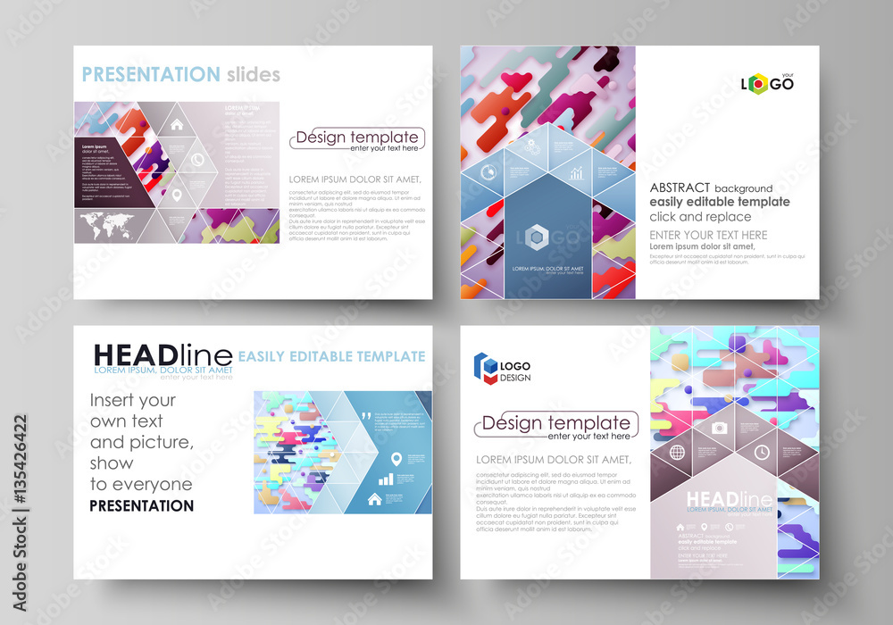 Business templates for presentation slides. Abstract vector design layouts. Bright color lines and dots, colorful minimalist backdrop with geometric shapes forming beautiful minimalistic background.