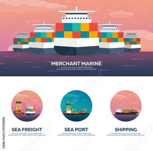 Set of Sea transportation logistic. Sea Freight. Maritime shipping. Merchant Marine. Cargo ship. Vector flat illustration.