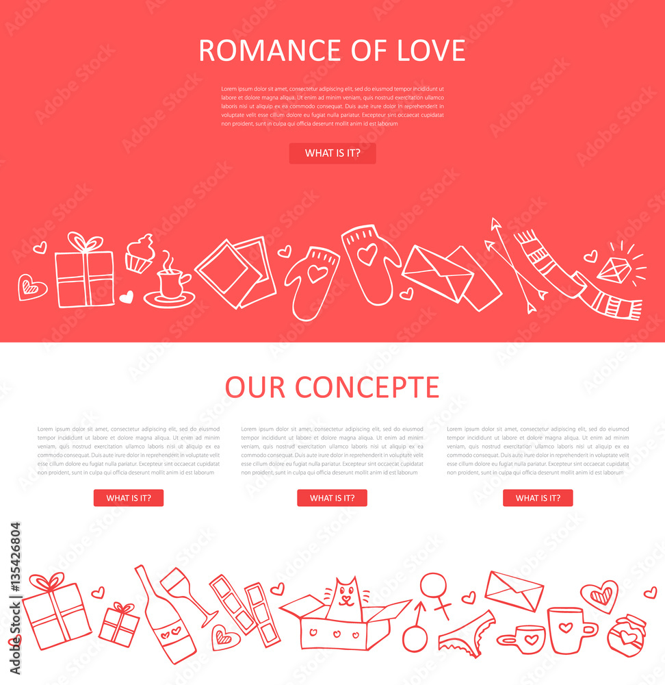 Romance of love. Website template. Traditional romantic symbols: heart shapes, gift boxes, photos, love letters. Hand-drawn line vector illustration.