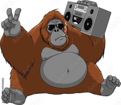 Funny monkey with a tape recorder