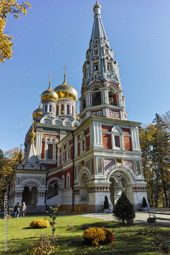 Autumn view of Russian church in town of Shipka, Stara Zagora Region, Bulgaria