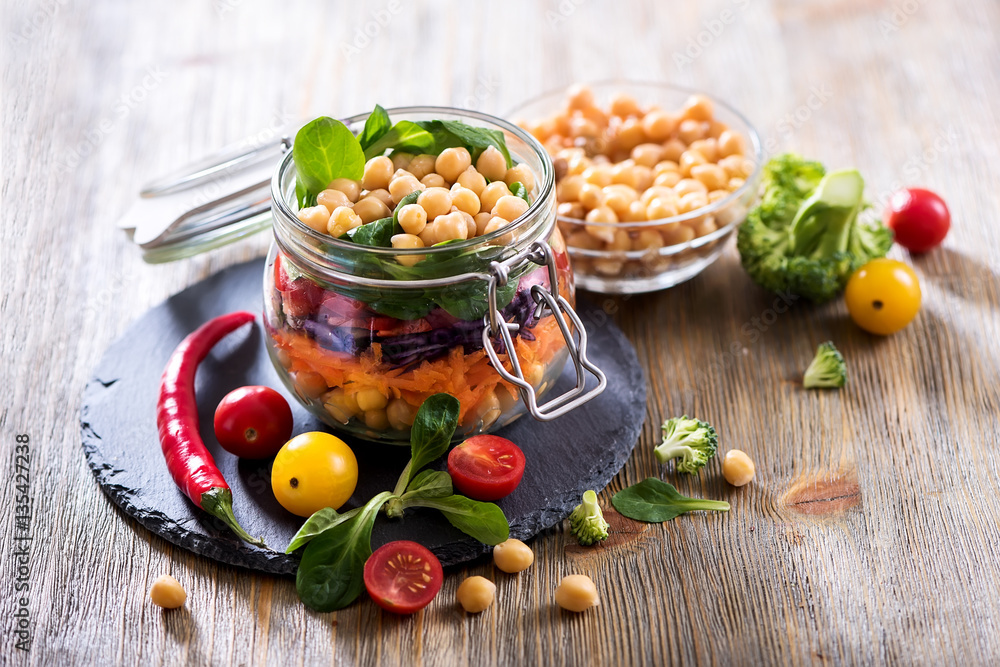 Healthy homemade chickpea and veggies salad, diet, vegetarian, vegan food Healthy homemade chickpea and veggies salad, diet, vegetarian, vegan food