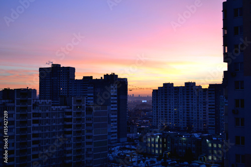Pink sunset in the city