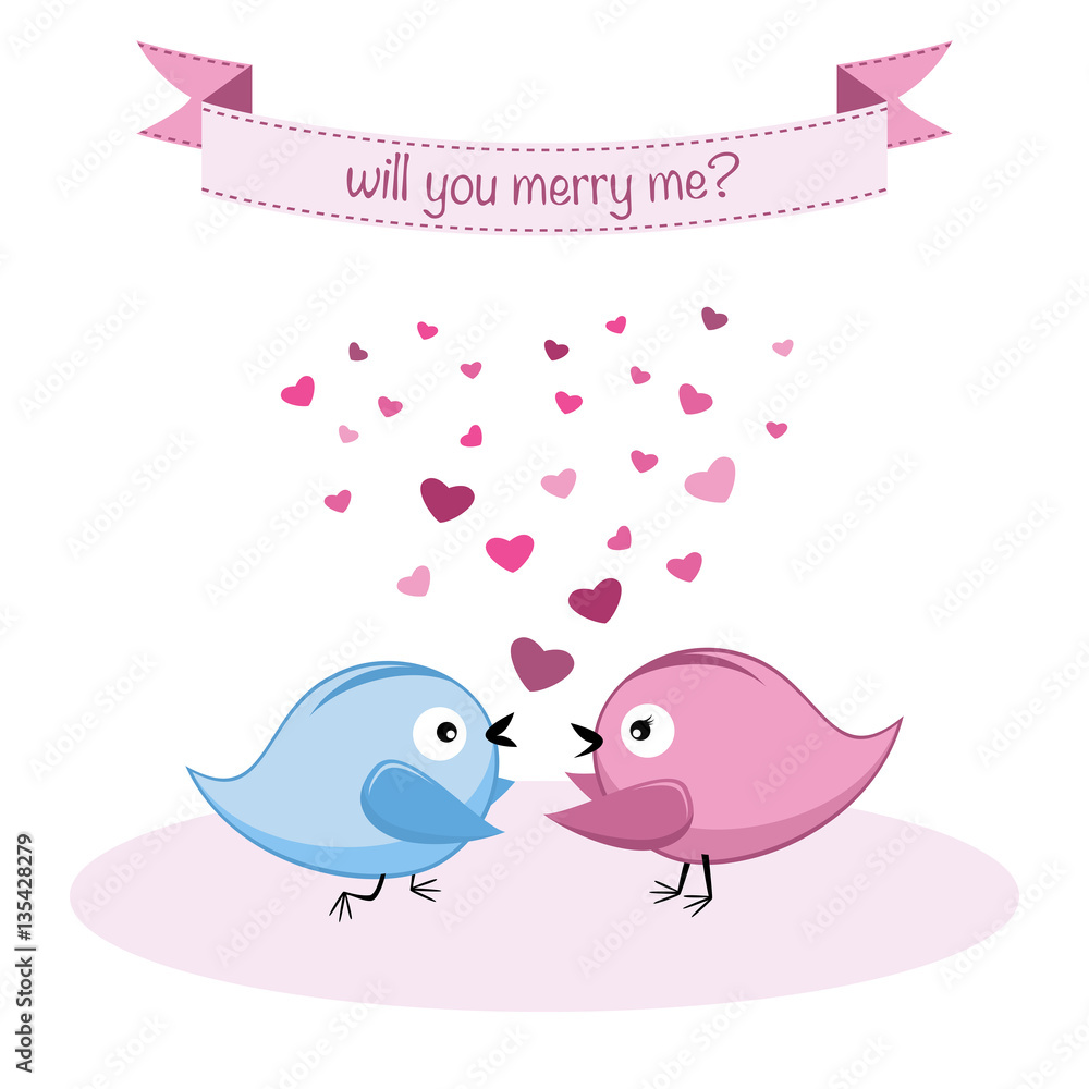 Will you merry me?. Romantic card with cute birds. Will you merry me?. Romantic card with cute birds.
