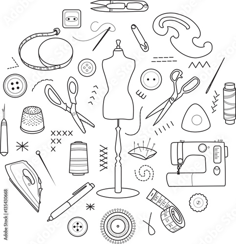 Sewing tools vector round concept