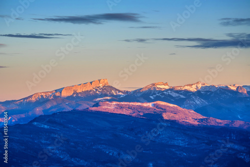 Sunrise winter mountains panorama