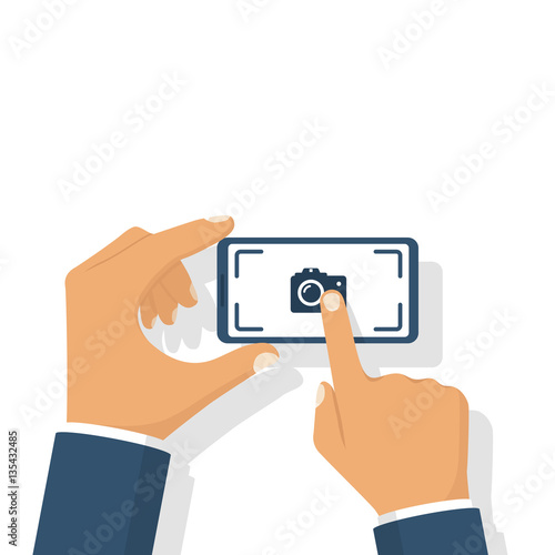 Making photo smartphone hold in hand. Touching finger screen mobile phone. Photo icon. Vector illustration flat design. Isolated on white background.