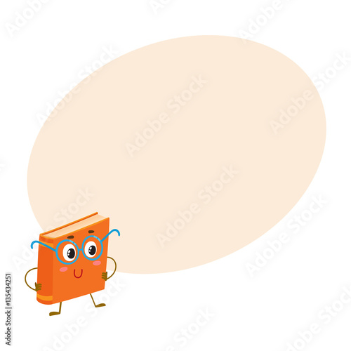 Funny orange book character in round blue nerdish glasses, cartoon vector illustration on background with place for text. Clever, smart book in round nerd style glasses, school, education concept