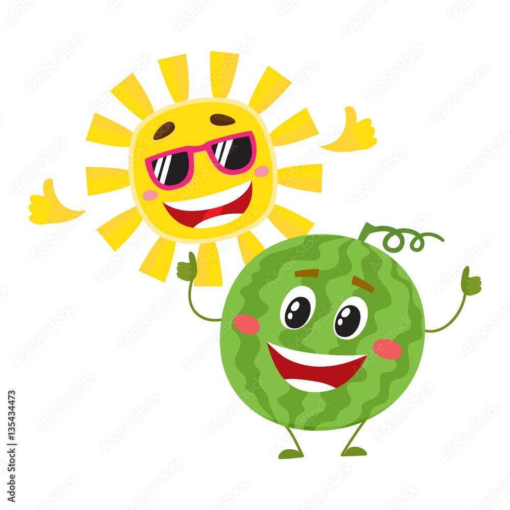 Cute and funny watermelon and sun characters, symbols of hot summer time, cartoon vector illustration isolated on white background. Happy watermelon and sun characters, summer holidays concept