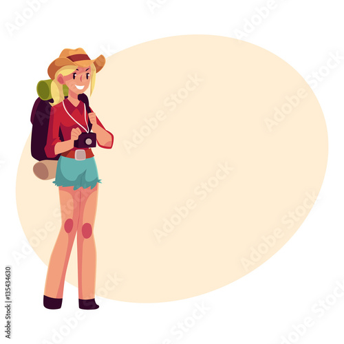 Young pretty girl travelling, hitchhiking with backpack and camera, cartoon on background with place for text. Female backpacker, hitchhiker in cowboy hat and shorts with backpack and camera