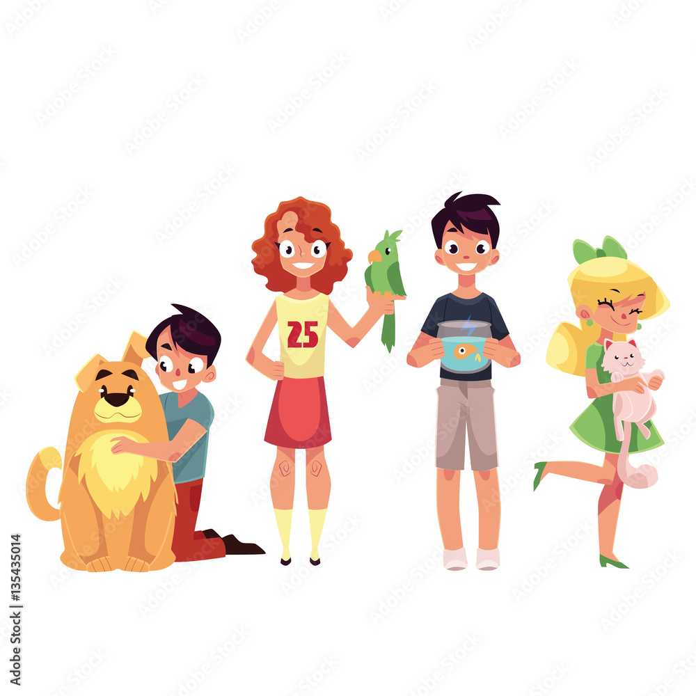 Kids with pets - dog, cat, parrot and golden fish in aquarium, cartoon vector illustration isolated on white background. Set of children with their pets like dog, cat, parrot and golden fish Kids with pets - dog, cat, parrot and golden fish in aquarium, cartoon vector illustration isolated on white background. Set of children with their pets like dog, cat, parrot and golden fish