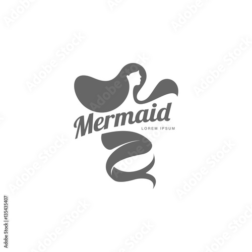 Stylized black and white graphic logo template with long haired mermaid turned profile, vector illustration isolated on white background. Black white stylized swimming mermaid logotype, logo design