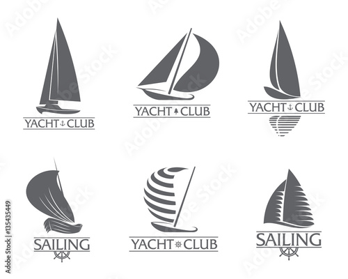 Set of black and white graphic yacht club, sailing sport logo templates, vector illustration isolated on white background. Graphic yacht, sail boat logotype, logo design