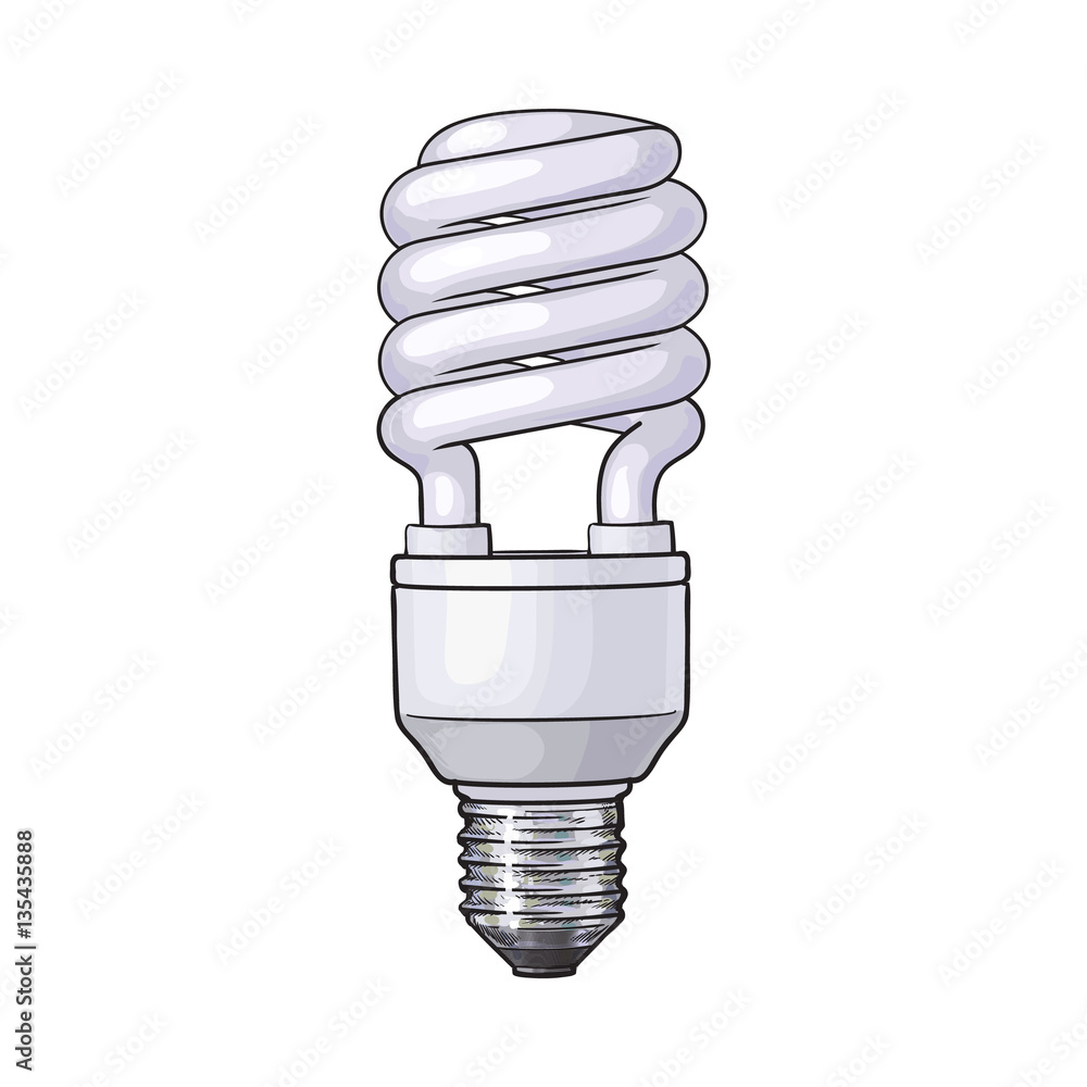 Fluorescent, energy saving, spiral light bulb, side view, sketch style  vector illustration isolated on white background. Realistic hand drawing of  spiral fluorescent light bulb, energy saving concept Stock Vector | Adobe  Stock