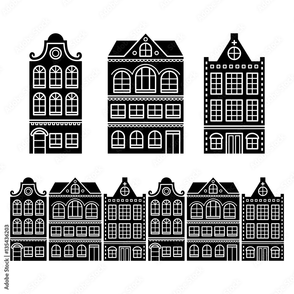 Amsterdam houses, Dutch buildings, Holland or Netherlands archictecture icons
