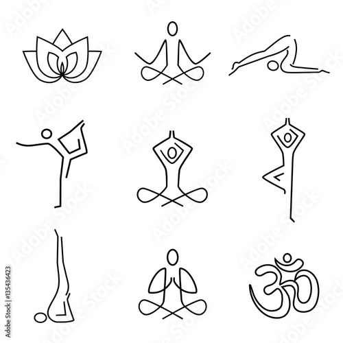 Yoga line art icons .
Yoga line art black icons set. Modern symbols for infographics or web use.Isolated on white background. Vector available.