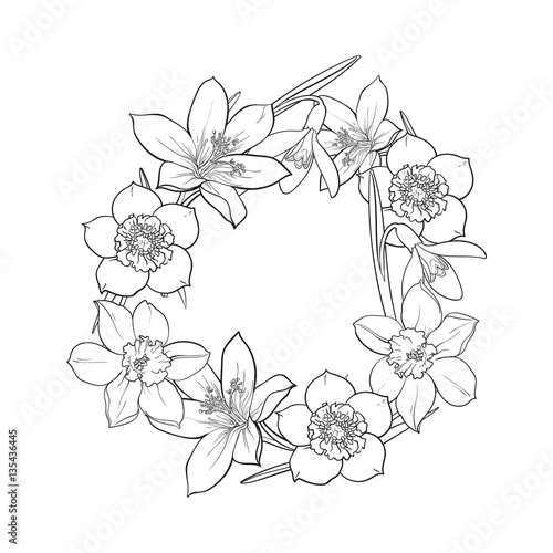 Round frame of spring flowers  decoration element  sketch vector illustration isolated on white background. Hand drawn realistic early spring flowers as round frame  banner  label design
