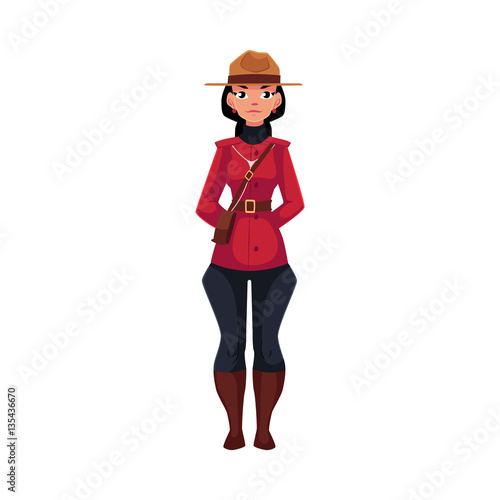 Canadian female policeman in traditional uniform - scarlet tunic and breeches, cartoon vector illustration isolated on white background. Full length portrait of Canadian mounted female policemen