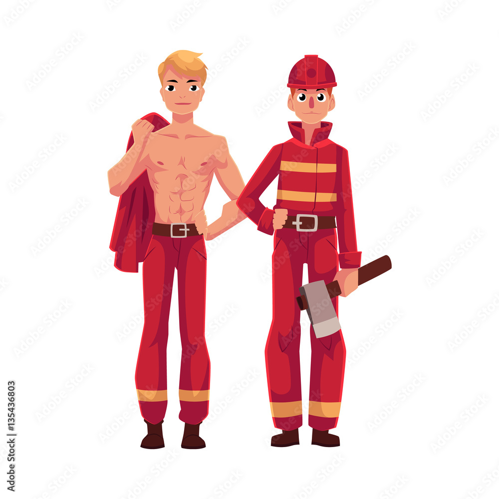 Two firefighters, firemen, one at work, another resting with naked torso, cartoon vector illustration isolated on white background. Full length portrait of firefighter, fireman at work, between shifts Two firefighters, firemen, one at work, another resting with naked torso, cartoon vector illustration isolated on white background. Full length portrait of firefighter, fireman at work, between shifts